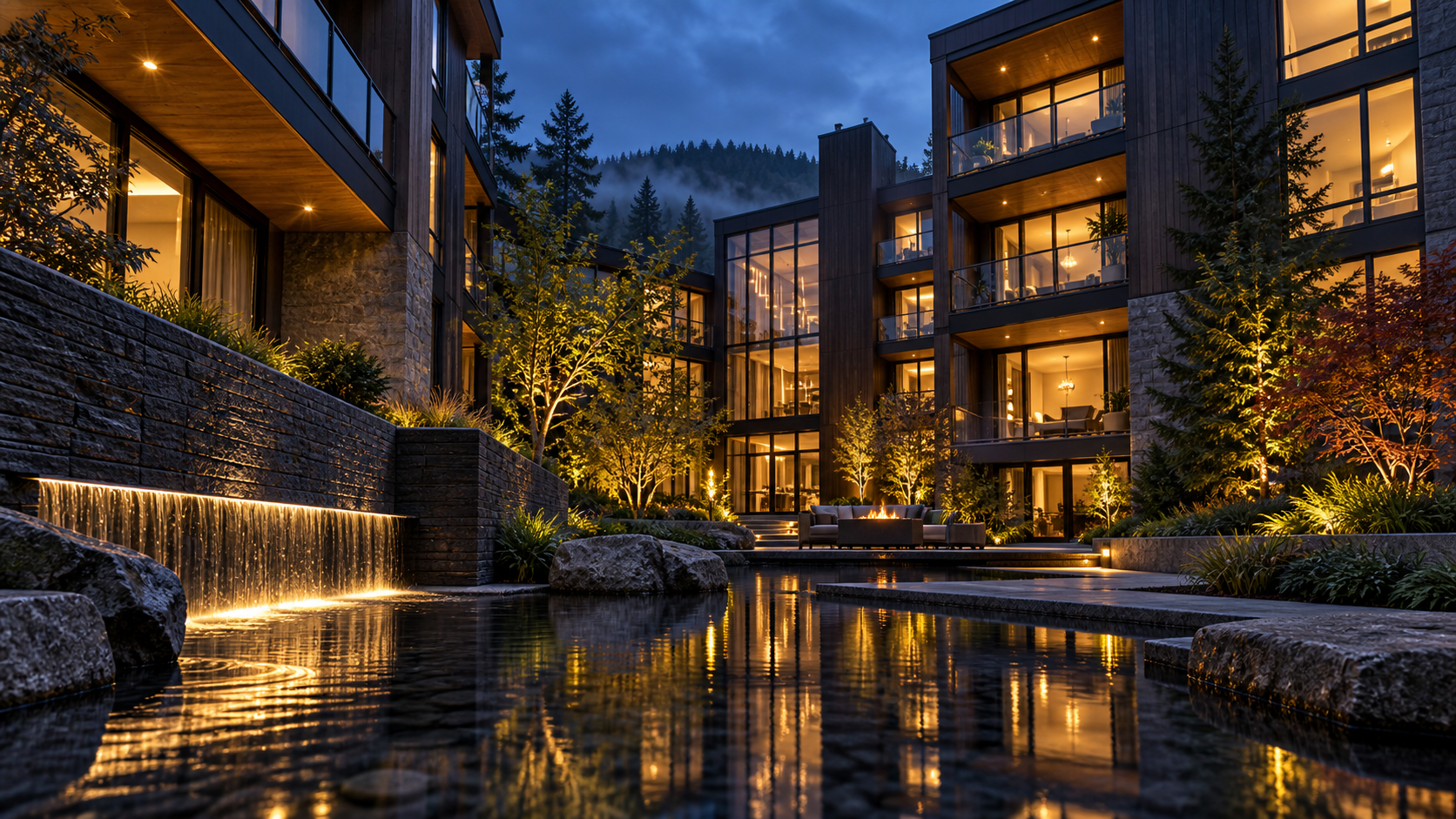 Illustrative Pacific Northwest-style residences surrounded by evergreens at dusk